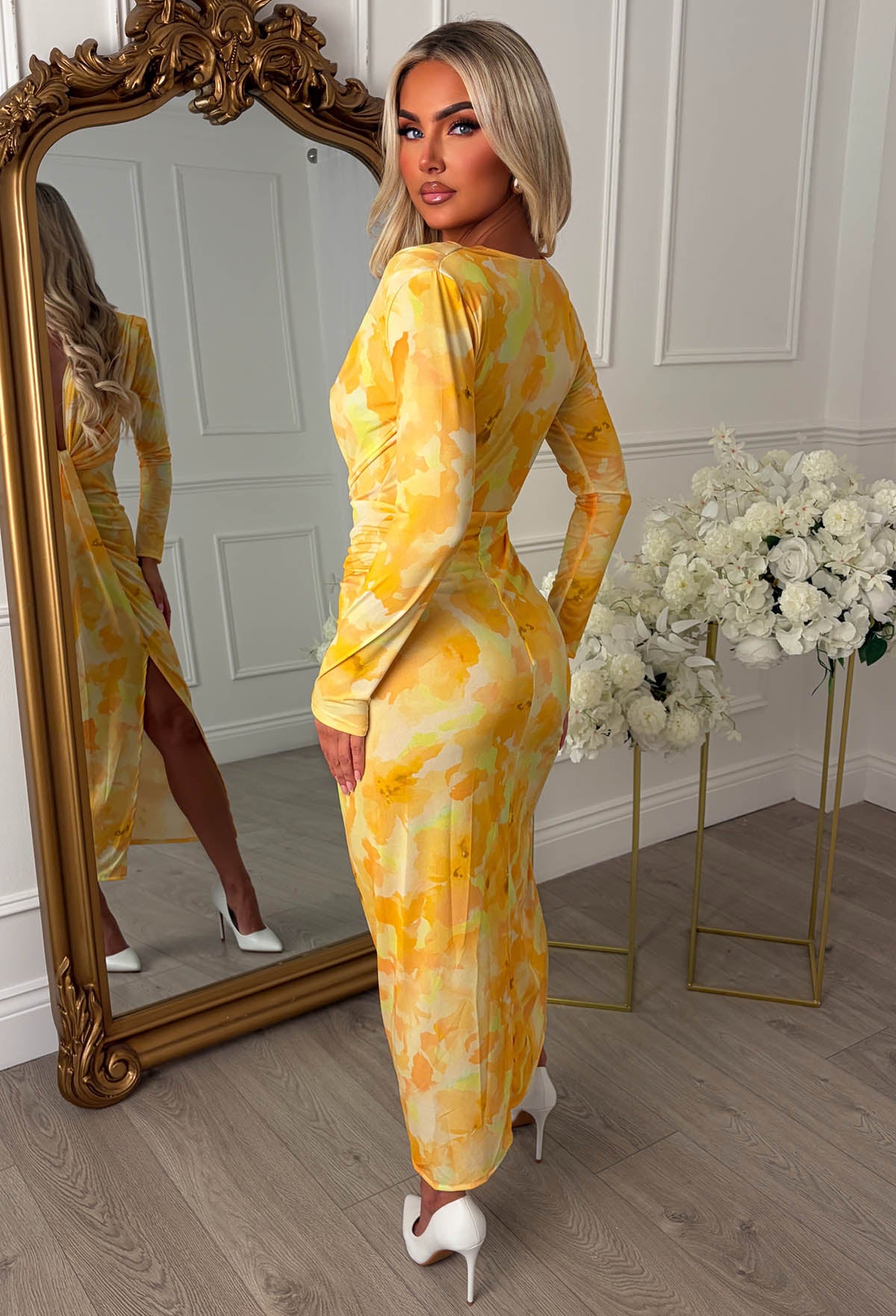 Cocktail Chic Lemon Stretch Long Sleeve Plunge Ruched Midi Dress - Image 3