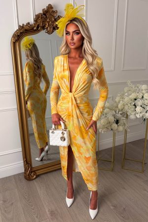 Cocktail Chic Lemon Stretch Long Sleeve Plunge Ruched Midi Dress
