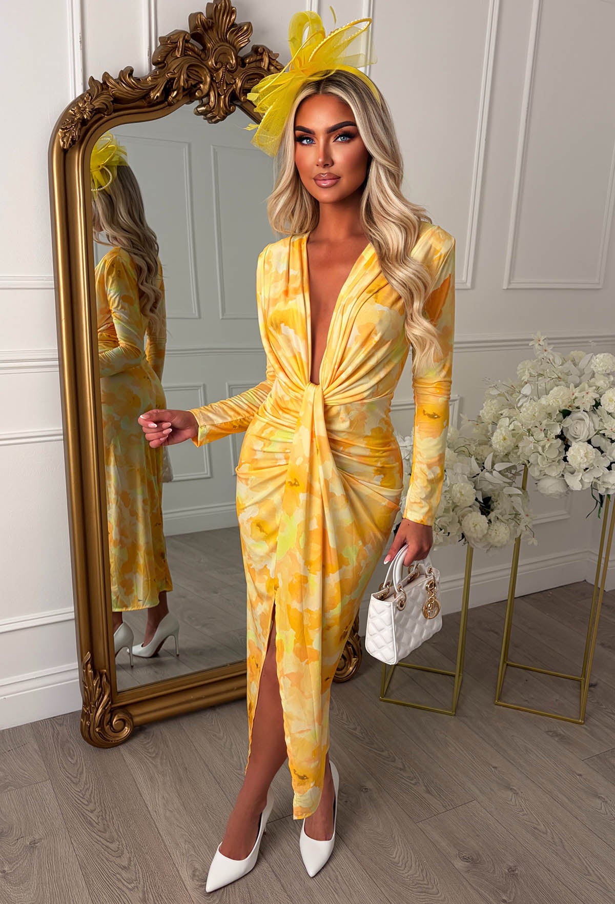 Cocktail Chic Lemon Stretch Long Sleeve Plunge Ruched Midi Dress - Image 5