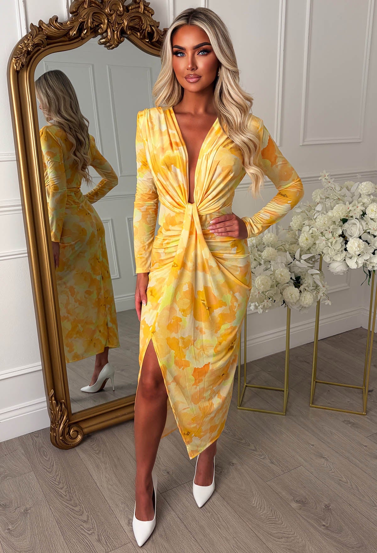 Cocktail Chic Lemon Stretch Long Sleeve Plunge Ruched Midi Dress - Image 2