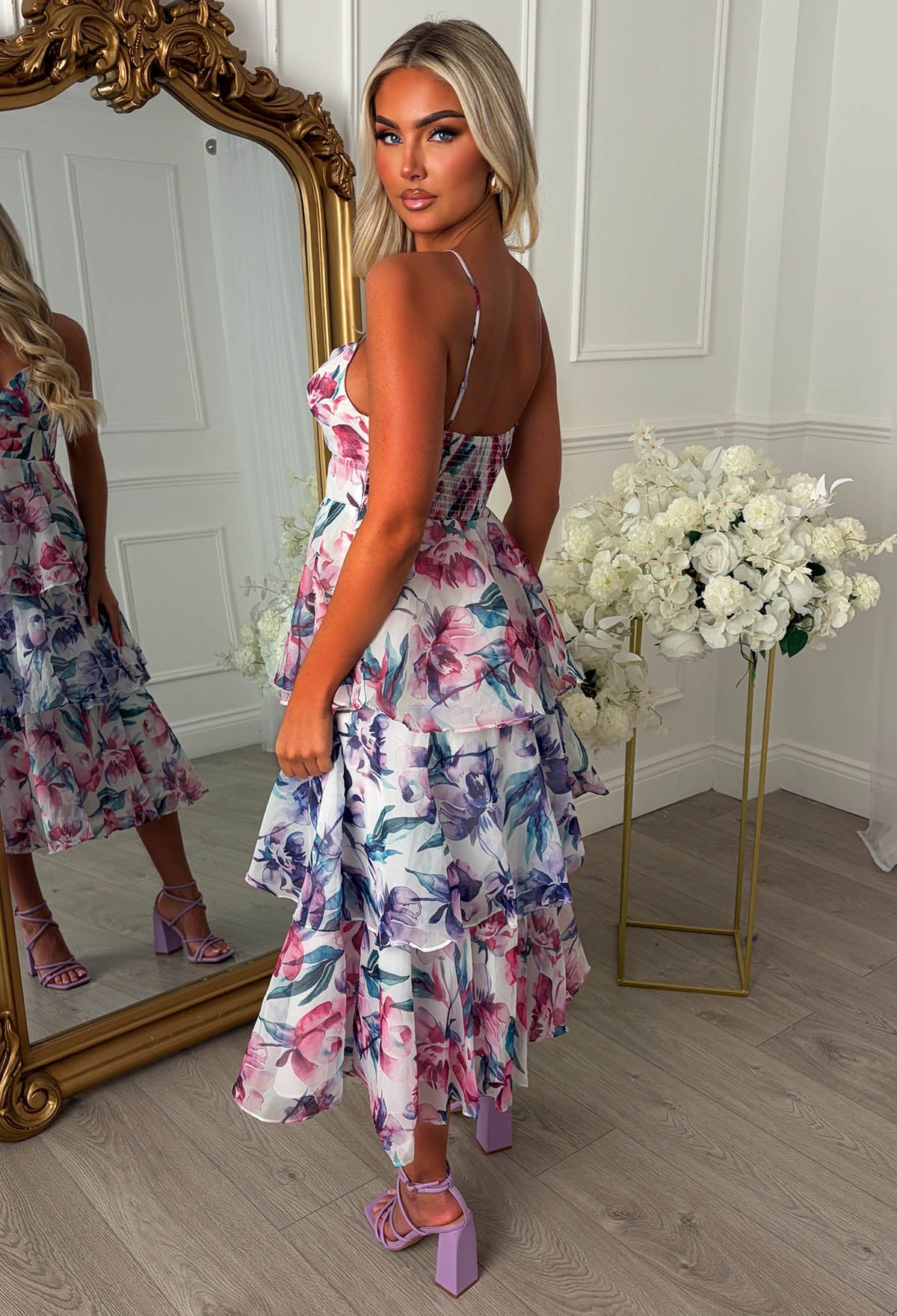 Daisy Kiss Purple Floral Ruffle Midi Dress - Image 2