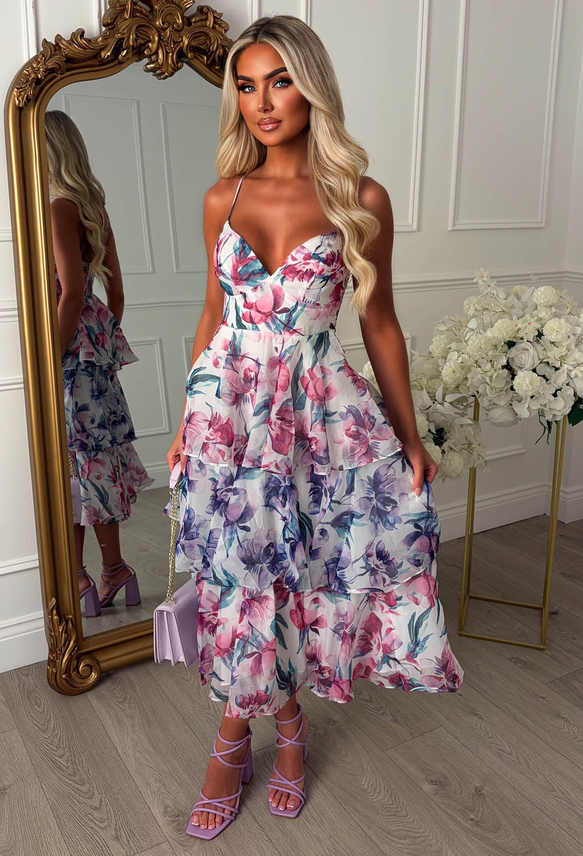 Daisy Kiss Purple Floral Ruffle Midi Dress - Image 3