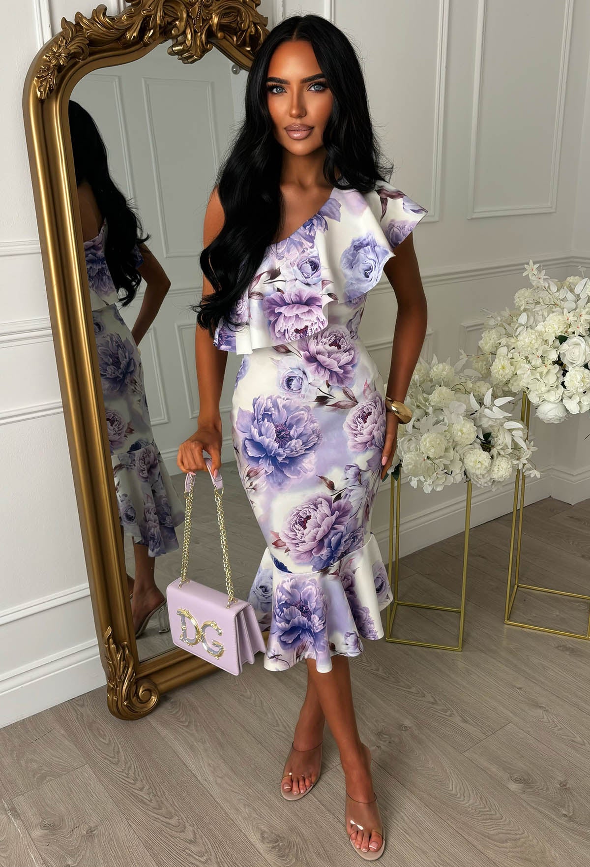 Darling Daydream Lilac Floral Asymmetric Ruffle Midi Dress - Image 5