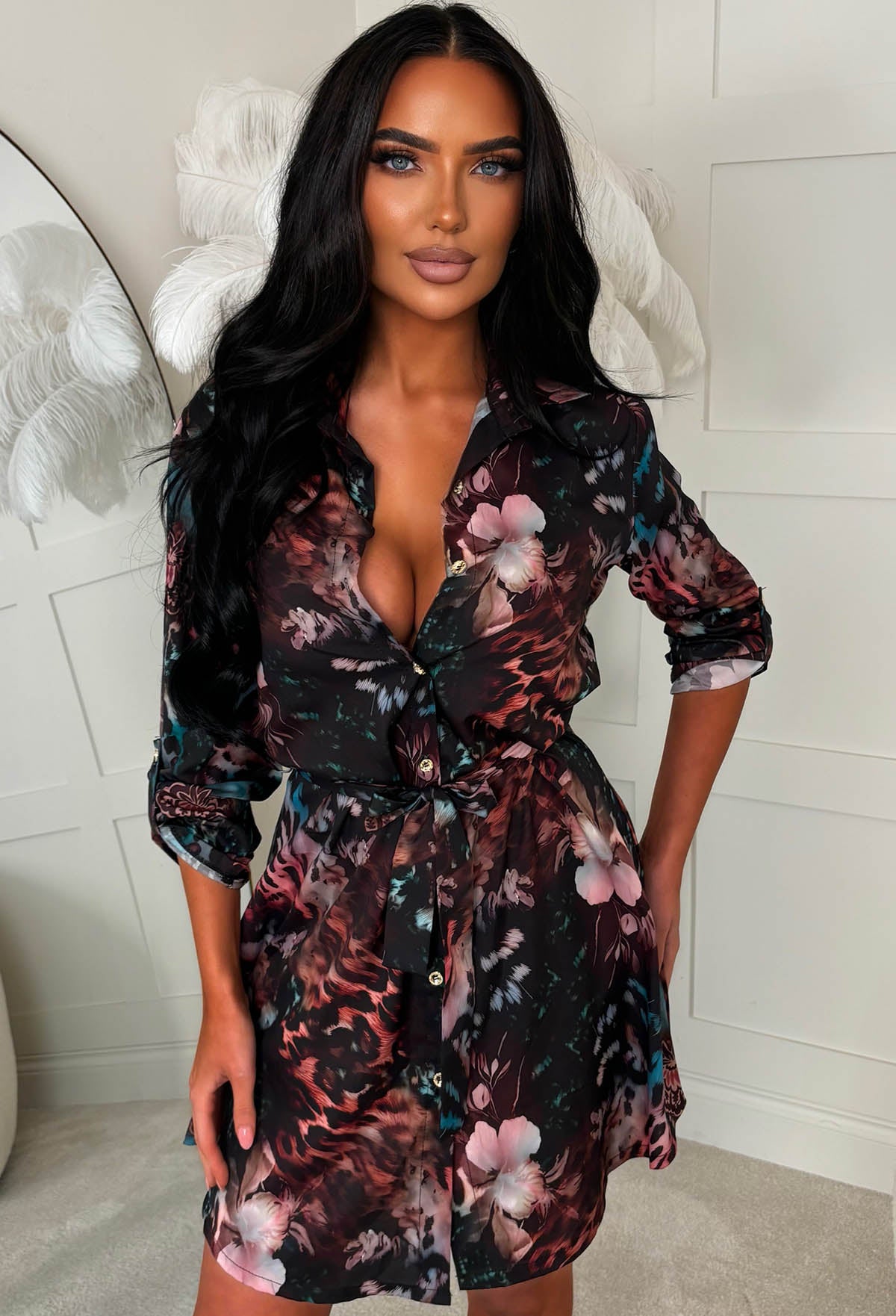 Feline Flirty Multi Floral Mixed Animal Print Shirt Dress - Image 3