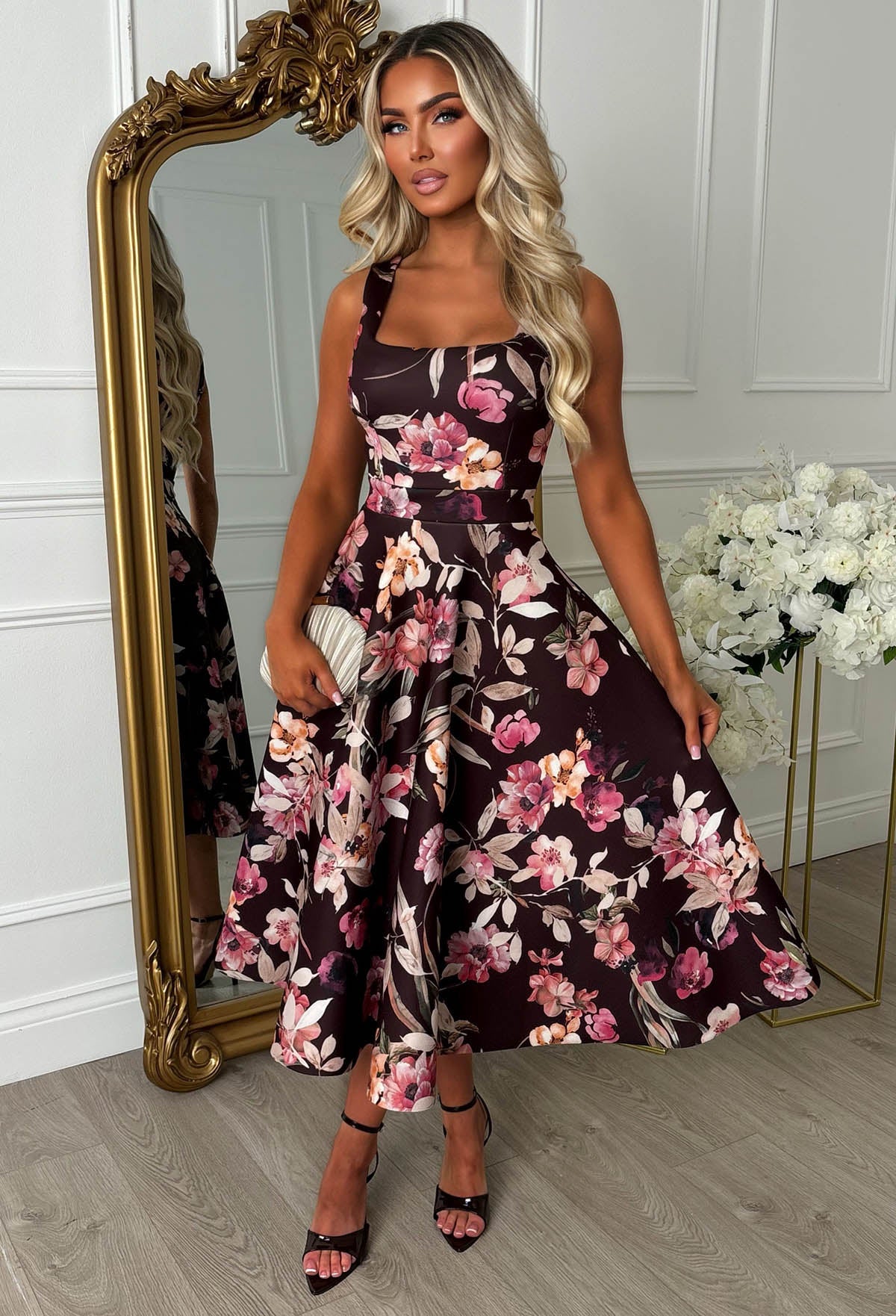 Petal Whisper Chocolate Brown Pretty Floral Flared Skirt Midi Dress - Image 2