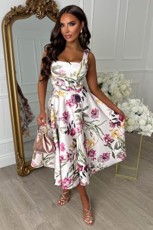Petal Whisper Multi Pretty Floral Flared Skirt Midi Dress