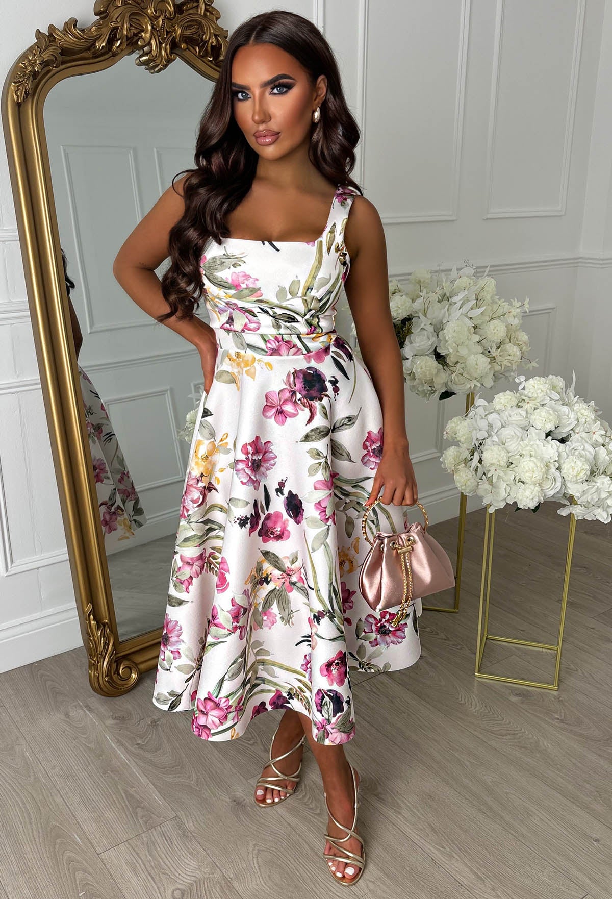 Petal Whisper Multi Pretty Floral Flared Skirt Midi Dress - Image 3