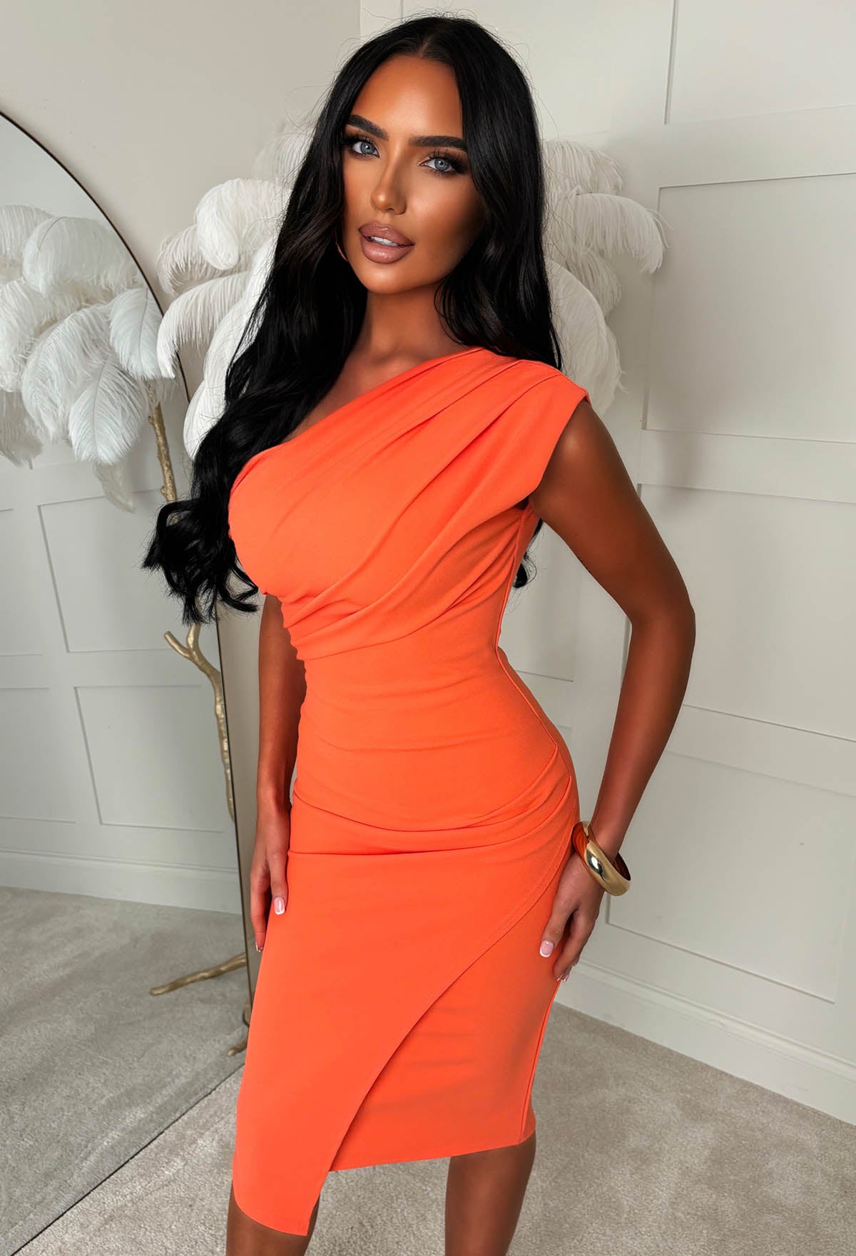 Sister's Stunning Coral Off Shoulder Ruched Midi Dress - Image 5