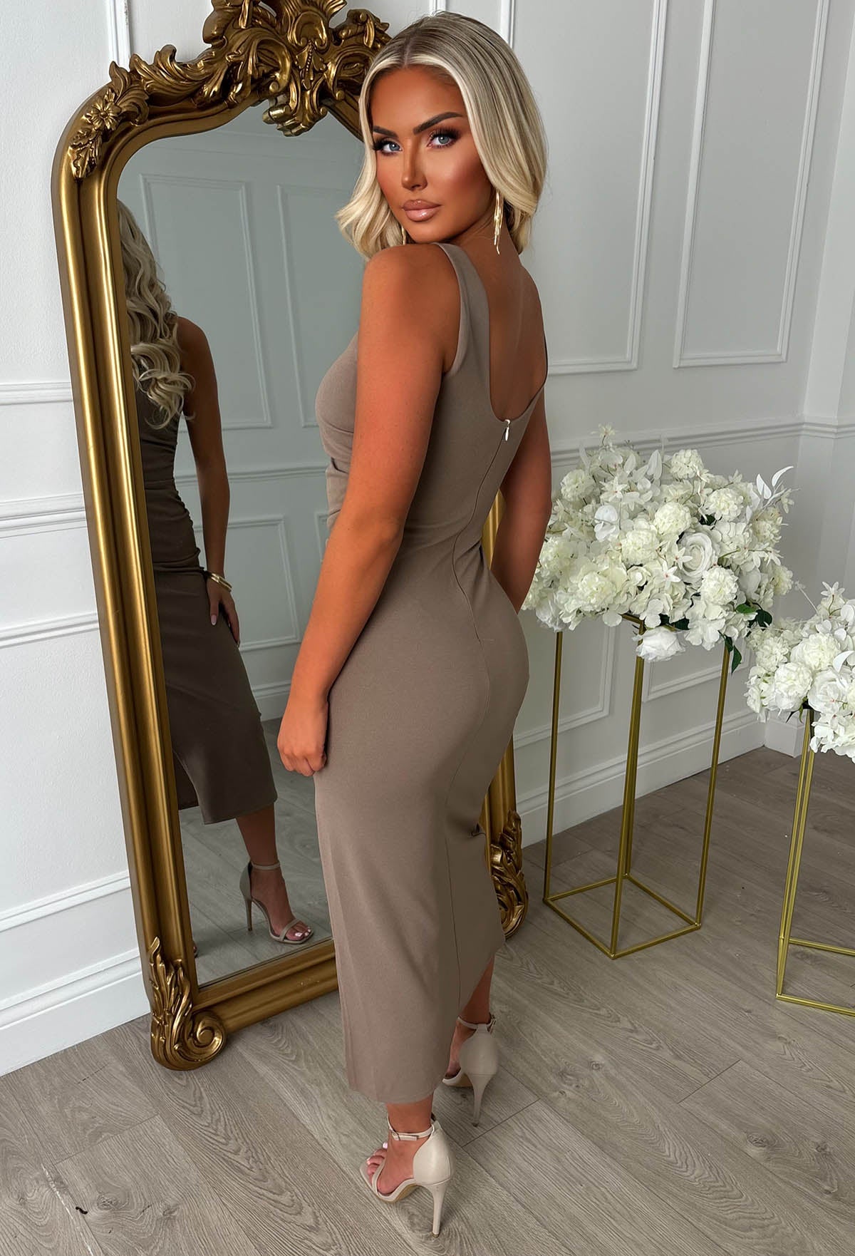 Slay Era Mocha Side Split Slash Neck Dress - Image 2