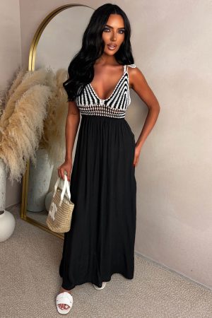 Tropical Dreaming Black Pattern Crochet Knit Maxi Dress